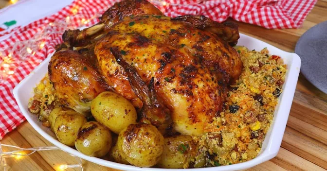 Receitas Rápidas e Fácil: Frango Assado Recheado, Uma Delícia Douradinha e Suculenta para as Festas Veja