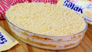 Pavê de Chocolate Branco com Pêssego e Biscoito Crocante, Para os Amantes de Pêssego