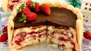 Torta de Ninho com morango bem estruturada para servir em fatias