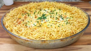 Camarão na Travessa com Arroz e Queijo Gratinado