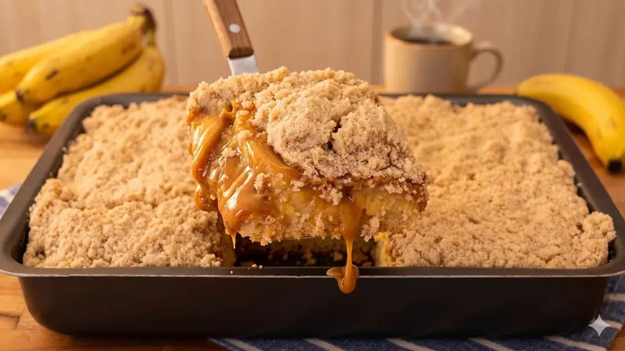 Cuca de Banana com Doce de Leite e Farofa Crocante Fácil de Fazer